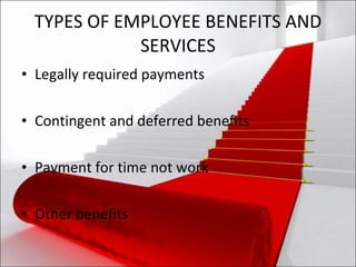 TYPES OF EMPLOYEE BENEFITS AND SERVICES Legally required payments Contingent and deferred benefits Payment for time not work Other benefits 