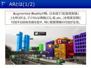 ARとは(1/2)
Augmented Realityの略。日本語で「拡張現実感」
とも呼ばれる。デジタルな情報(CG,音,etc..)を現実空間に
付加する技術全般を指す。特に視覚情報の付加が主流。
 