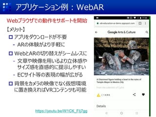 アプリケーション例：WebAR
Webブラウザでの動作をサポートを開始
【メリット】
 アプリをダウンロードが不要
⁃ ARの体験がより手軽に
 WebとARの切り替えがシームレスに
- 文章や映像を用いるより立体感や
サイズ感を直感的に提示しやすい
- ECサイト等の表現の幅が広がる
 背景をカメラの映像でなく仮想環境
に置き換えればVRコンテンツも可能
https://youtu.be/W1CK_FIj7gg
 