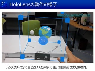 HoloLensの動作の様子
ハンズフリーでより自然なARを体験可能。※価格は333,800円。
https://youtu.be/E4zJWFw7mlU
 