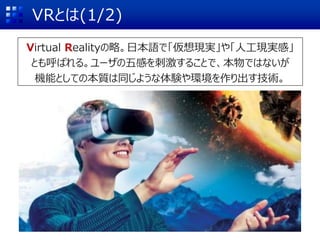 VRとは(1/2)
Virtual Realityの略。日本語で「仮想現実」や「人工現実感」
とも呼ばれる。ユーザの五感を刺激することで、本物ではないが
機能としての本質は同じような体験や環境を作り出す技術。
 