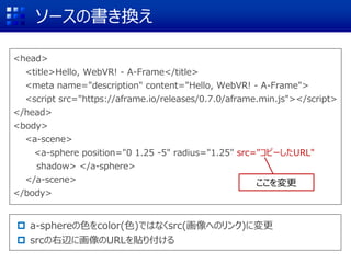 ソースの書き換え
<head>
<title>Hello, WebVR! - A-Frame</title>
<meta name="description" content="Hello, WebVR! - A-Frame">
<script src="https://aframe.io/releases/0.7.0/aframe.min.js"></script>
</head>
<body>
<a-scene>
<a-sphere position="0 1.25 -5" radius="1.25" src="コピーしたURL"
shadow> </a-sphere>
</a-scene>
</body>
 a-sphereの色をcolor(色)ではなくsrc(画像へのリンク)に変更
 srcの右辺に画像のURLを貼り付ける
ここを変更
 