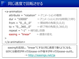 同じ速度で回転させる
<a-animation
attribute = "rotation" ←アニメーションの種類
dur = "10000" ←アニメーションにかける時間(ミリ秒)
from = "0␣0␣0" ←開始時の角度(0,0,0)
to = "0␣360␣0" ←終了時の角度(0,360,0)
repeat = "-1" ←繰り返し回数
easing = "linear" ←速度の変化
>
</a-animation>
easingを追加し、"linear"にすると同じ速度で動くようになる。
ほかには最初がゆっくりなease-inや後半がゆっくりなease-outも。
→ http://easings.net/ja
 