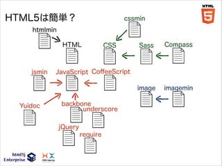 HTML5は簡単？

cssmin

htmlmin

jsmin

Yuidoc

CSS

Sass

Compass

image

HTML

imagemin

JavaScript CoﬀeeScript

backbone
underscore
jQuery
require

 