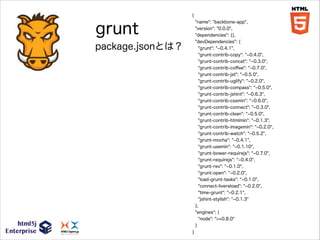 {
"name": "backbone-app",
"version": "0.0.0",
"dependencies": {},
"devDependencies": {
"grunt": " 0.4.1",
"grunt-contrib-copy": " 0.4.0",
"grunt-contrib-concat": " 0.3.0",
"grunt-contrib-coﬀee": " 0.7.0",
"grunt-contrib-jst": " 0.5.0",
"grunt-contrib-uglify": " 0.2.0",
"grunt-contrib-compass": " 0.5.0",
"grunt-contrib-jshint": " 0.6.3",
"grunt-contrib-cssmin": " 0.6.0",
"grunt-contrib-connect": " 0.3.0",
"grunt-contrib-clean": " 0.5.0",
"grunt-contrib-htmlmin": " 0.1.3",
"grunt-contrib-imagemin": " 0.2.0",
"grunt-contrib-watch": " 0.5.2",
"grunt-mocha": " 0.4.1",
"grunt-usemin": " 0.1.10",
"grunt-bower-requirejs": " 0.7.0",
"grunt-requirejs": " 0.4.0",
"grunt-rev": " 0.1.0",
"grunt-open": " 0.2.0",
"load-grunt-tasks": " 0.1.0",
"connect-livereload": " 0.2.0",
"time-grunt": " 0.2.1",
"jshint-stylish": " 0.1.3"
},

grunt
package.jsonとは？

"engines": {
"node": ">=0.8.0"
}
}

 