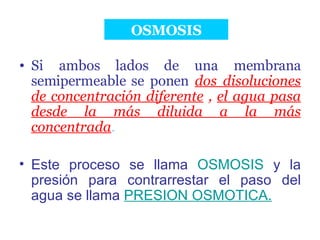 Si ambos lados de una membrana semipermeable se ponen   dos disoluciones de concentración diferente  ,  el agua pasa desde la más diluida a la más concentrada . Este proceso se llama  OSMOSIS  y la presión para contrarrestar el paso del agua se llama  PRESION OSMOTICA. OSMOSIS 