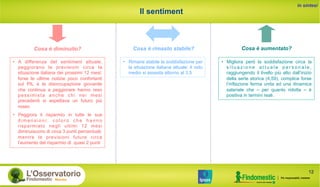 Il sentiment 
Cosa è diminuito? Cosa è rimasto stabile? Cosa è aumentato? 
in sintesi 
• A differenza del sentiment attuale, 
peggiorano le previsioni circa la 
situazione italiana dei prossimi 12 mesi: 
forse le ultime notizie poco confortanti 
sul PIL e la disoccupazione giovanile 
che continua a peggiorare hanno reso 
pessimista anche chi nei mesi 
precedenti si aspettava un futuro più 
roseo 
• Peggiora il risparmio in tutte le sue 
dimensioni: coloro che hanno 
risparmiato negli ultimi 12 mesi 
diminuiscono di circa 3 punti percentuali, 
mentre le previsioni future circa 
l’aumento del risparmio di quasi 2 punti 
• Migliora però la soddisfazione circa la 
s i t u a z i o n e a t t u a l e p e r s o n a l e , 
raggiungendo il livello più alto dall’inizio 
della serie storica (4,59), complice forse 
l’inflazione ferma unita ad una dinamica 
salariale che – per quanto ridotta – è 
positiva in termini reali. 
• Rimane stabile la soddisfazione per 
la situazione italiana attuale: il voto 
medio si assesta attorno al 3,5 
12 
 