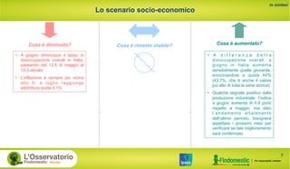 Lo scenario socio-economico 
in sintesi 
Cosa è rimasto stabile? Cosa è diminuito? Cosa è aumentato? 
• A giugno diminuisce il tasso di 
disoccupazione overall in Italia, 
passando dal 12,6 di maggio al 
12,3 attuale 
• L’inflazione è sempre più vicina 
allo 0: a luglio raggiunge 
addirittura quota 0,1% 
• A d i f f e r e n z a d e l l a 
disoccupazione overall, a 
giugno in Italia aumenta 
sensibilmente quella giovanile, 
avvicinandosi a quota 44% 
(43,7%, che è anche il valore 
più alto di tutta la serie storica) 
• Qualche segnale positivo dalla 
produzione industriale: l’indice 
a giugno aumenta di 0,8 punti 
rispetto a maggio; ma dato 
l’andamento altalenante 
dell’ultimo periodo, bisognerà 
aspettare i prossimi mesi per 
verificare se tale miglioramento 
sarà confermato 
7 
 