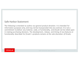 Copyright	
   ©	
  2016	
  Oracle	
  and/or	
   its	
  affiliates.	
   All	
   rights	
   reserved.	
   	
  |
Safe	
  Harbor	
  Statement
The	
  following	
  is	
  intended	
  to	
  outline	
  our	
  general	
  product	
  direction.	
  It	
  is	
  intended	
  for	
  
information	
  purposes	
  only,	
  and	
  may	
  not	
  be	
  incorporated	
  into	
  any	
  contract.	
  It	
  is	
  not	
  a	
  
commitment	
   to	
  deliver	
  any	
  material,	
  code,	
  or	
  functionality,	
  and	
  should	
  not	
  be	
  relied	
  upon	
  
in	
  making	
  purchasing	
  decisions.	
  The	
  development,	
  release,	
  and	
  timing	
  of	
  any	
  features	
  or	
  
functionality	
  described	
  for	
  Oracle’s	
  products	
  remains	
  at	
  the	
  sole	
  discretion	
  of	
  Oracle.
2
 