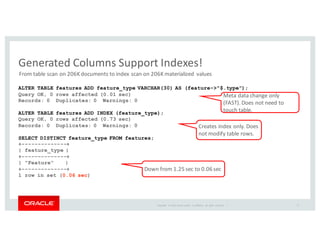 Copyright	
   ©	
  2016	
  Oracle	
  and/or	
   its	
  affiliates.	
   All	
   rights	
   reserved.	
   	
  |
Generated	
  Columns	
  Support	
  Indexes!
ALTER TABLE features ADD feature_type VARCHAR(30) AS (feature->"$.type");
Query OK, 0 rows affected (0.01 sec)
Records: 0 Duplicates: 0 Warnings: 0
ALTER TABLE features ADD INDEX (feature_type);
Query OK, 0 rows affected (0.73 sec)
Records: 0 Duplicates: 0 Warnings: 0
SELECT DISTINCT feature_type FROM features;
+--------------+
| feature_type |
+--------------+
| "Feature" |
+--------------+
1 row in set (0.06 sec)
From	
  table	
  scan	
  on	
  206K	
  documents	
  to	
  index	
  scan	
  on	
  206K	
  materialized	
   values
27
Meta	
  data	
  change	
  only	
  
(FAST).	
  Does	
  not	
  need	
  to	
  
touch	
  table.
Creates	
  index	
  only.	
  Does	
  
not	
  modify	
  table	
  rows.
Down	
  from	
  1.25	
  sec	
  to	
  0.06	
  sec
 