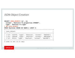 Copyright	
   ©	
  2016	
  Oracle	
  and/or	
   its	
  affiliates.	
   All	
   rights	
   reserved.	
   	
  |
JSON	
  Object	
  Creation
SELECT JSON_OBJECT('id', id,
'street', feature->"$.properties.STREET",
'type', feature->"$.type"
) AS json_object
FROM features ORDER BY RAND() LIMIT 3;
+--------------------------------------------------------+
| json_object |
+--------------------------------------------------------+
| {"id": 122976, "type": "Feature", "street": "RAUSCH"} |
| {"id": 148698, "type": "Feature", "street": "WALLACE"} |
| {"id": 45214, "type": "Feature", "street": "HAIGHT"} |
+--------------------------------------------------------+
3 rows in set (3.11 sec)
34
 