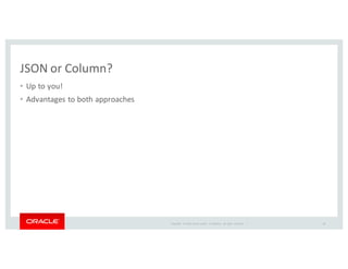 Copyright	
   ©	
  2016	
  Oracle	
  and/or	
   its	
  affiliates.	
   All	
   rights	
   reserved.	
   	
  |
JSON	
  or	
  Column?
• Up	
  to	
  you!
• Advantages	
  to	
  both	
  approaches
38
 