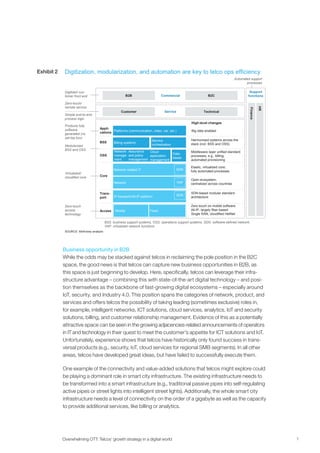 7
Business opportunity in B2B
While the odds may be stacked against telcos in reclaiming the pole position in the B2C
space, the good news is that telcos can capture new business opportunities in B2B, as
this space is just beginning to develop. Here, specifically, telcos can leverage their infra-
structure advantage – combining this with state-of-the-art digital technology – and posi-
tion themselves as the backbone of fast-growing digital ecosystems – especially around
IoT, security, and Industry 4.0. This position spans the categories of network, product, and
services and offers telcos the possibility of taking leading (sometimes exclusive) roles in,
for example, intelligent networks, ICT solutions, cloud services, analytics, IoT and security
solutions, billing, and customer relationship management. Evidence of this as a potentially
attractive space can be seen in the growing adjacencies-related announcements of operators
in IT and technology in their quest to meet the customer’s appetite for ICT solutions and IoT.
Unfortunately, experience shows that telcos have historically only found success in trans­
versal products (e.g., security, IoT, cloud services for regional SMB segments). In all other
areas, telcos have developed great ideas, but have failed to successfully execute them.
One example of the connectivity and value-added solutions that telcos might explore could
be playing a dominant role in smart city infrastructure. The existing infrastructure needs to
be transformed into a smart infrastructure (e.g., traditional passive pipes into self-regulating
active pipes or street lights into intelligent street lights). Additionally, the whole smart city
infrastructure needs a level of connectivity on the order of a gigabyte as well as the capacity
to provide additional services, like billing or analytics.
Overwhelming OTT: Telcos’ growth strategy in a digital world
Digitization, modularization, and automation are key to telco ops efficiency
SOURCE: McKinsey analysis
Automated support
processes
F HR
Support
functions
Finance
HR
Service TechnicalCustomer
Commercial B2CB2B
Digitized cus-
tomer front end
Zero-touch/
remote service
Modularized
BSS and OSS
Virtualized/
cloudified core
Simple end-to-end
process logic
Zero-touch
access
technology
Products fully
software
generated (no
set-top box)
Access
BSS
OSS
Trans-
port
Core
Appli-
cations
Harmonized systems across the
stack (incl. BSS and OSS)
Elastic, virtualized core;
fully automated processes
Zero touch on mobile software
All-IP, largely fiber-based
Single RAN, cloudified HetNet
Open ecosystem;
centralized across countries
SDN-based modular standard
architecture
Network
Billing systems
Service
orchestration
IP transport/All-IP platform
VNF
Network-related IT SDN
Data-
bases
Cloud
application
management
Assurance
and policy
management
Platforms (communication, video, car, etc.)
SDN
FixedMobile
Big data enabled
Middleware layer unified standard
processes, e.g., billing;
automated provisioning
BSS: business support systems, OSS: operations support systems, SDN: software-defined network,
VNF: virtualized network functions
High-level changes
Network
manage-
ment
Exhibit 2
 