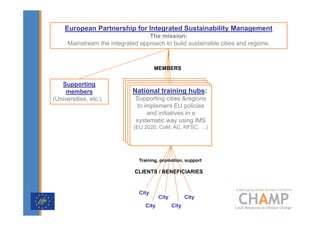 European Partnership for Integrated Sustainability Management
                                   The mission:
      Mainstream the integrated approach to build sustainable cities and regions.



                                       MEMBERS


   Supporting
     members                  National training hubs:
(Universities, etc.)           Supporting cities &regions
                                to implement EU policies
                                    and initiatives in a
                               systematic way using IMS
                              (EU 2020, CoM, AC, RFSC, …)




                                Training, promotion, support

                              CLIENTS / BENEFICIARIES


                                City
                                         City          City
                                  City          City
 