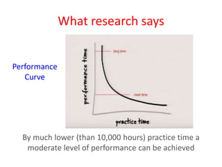 What research says
By much lower (than 10,000 hours) practice time a
moderate level of performance can be achieved
Performance
Curve
 