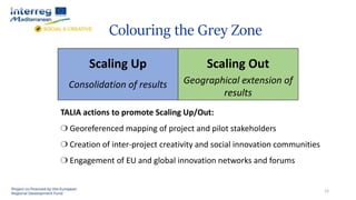 Colouring the Grey Zone
Scaling Up
Consolidation of results
Scaling Out
Geographical extension of
results
12
TALIA actions to promote Scaling Up/Out:
❍ Georeferenced mapping of project and pilot stakeholders
❍ Creation of inter-project creativity and social innovation communities
❍ Engagement of EU and global innovation networks and forums
 