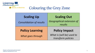 Colouring the Grey Zone
Scaling Up
Consolidation of results
Scaling Out
Geographical extension of
results
Policy Learning
What goes through
Policy Impact
What is (will be) used to
transform policies
22
 