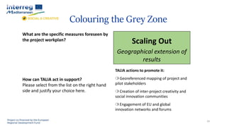 Colouring the Grey Zone
Scaling Out
Geographical extension of
results
24
What are the specific measures foreseen by
the project workplan?
How can TALIA act in support?
Please select from the list on the right hand
side and justify your choice here.
TALIA actions to promote it:
❍ Georeferenced mapping of project and
pilot stakeholders
❍ Creation of inter-project creativity and
social innovation communities
❍ Engagement of EU and global
innovation networks and forums
 