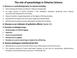 The role of parasitology in fisheries Science
1. Disease as a contributing factor to natural mortality:
 Total mortality (Z)=Fishing mortality (F) +Natural mortality (M).
 Six major sources of natural mortality in fish: predation, starvation, spawning, stress, disease,
environmental catastrophies and senility.
 Natural mortality is largely dependent on the degree of fishing mortality.
 Diseased fish are likely to be more easily caught than healthy fishes.
 Mortality due to disease is partly replaced by mortality due to fishing.
2. Disease as an indicator of pollution effects: (book-21)
3. Parasites as biological tags:
 Disadvantages of artificial tagging:
 Expensive
 Lead to unusual behavior
 Mortality due to tagging
 Parasites are used as natural tags to replace the artificial tag
4. Human pathogens transferred by fish
 Mycobacterium marinum from skin of fish, cause inflammation in the skin of human.
 The causative parasites of some well-known diseases of man such as Clonorchiasis, Opithorchiasis,
Anisakiasis and Gnathostomiasis only occur in freshwater fish.
 