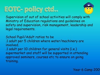 EOTC- policy ctd..Supervision of out of school activities will comply with Ministry of Education regulations and guidelines on safety and supervision, risk management, leadership and legal requirements. School Pupil/Adult ratios to be .1 adult per 5 children where water/machinery are involved..1 adult per 10 children for general visits (i.e.) supermarket and staff will be supported in attending approved seminars, courses etc to ensure on going training.  Year 6 Camp 2009