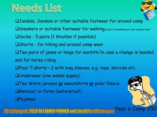 Needs ListJandals, Sandals or other suitable footwear for around camp