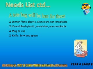  Dinner Plate-plastic, aluminium, non-breakable
 Cereal Bowl-plastic, aluminium, non-breakable
 Mug or cup
 Knife, fork and spoon




                                                   Year 6 Camp 20
 