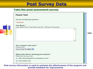 Post Survey Data Post survey information is used to evaluate the effectiveness of the program and  provide feedback for improvement 