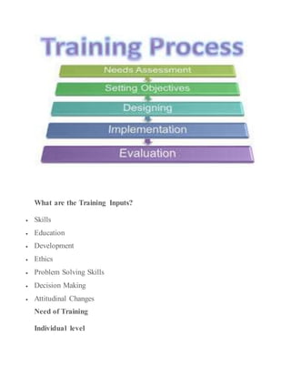 What are the Training Inputs?
 Skills
 Education
 Development
 Ethics
 Problem Solving Skills
 Decision Making
 Attitudinal Changes
Need of Training
Individual level
 