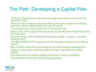 The Path: Developing a Capital Plan
• “Starting a business can take twice as long and costs twice as much as
you think it will.”
• There are lots of ways to progress through the early stages of building a
business without raising large amounts of capital.
• The entrepreneur always takes the first financial risk.
• Never raise more capital than required to accomplish the milestones of the
business plan.
• Seek the advice and mentoring of business people, investors, and other
entrepreneurs.
• The SBA’s SBIR/STTR programs can be excellent sources of non-dilutive
capital.
• Stay tuned to state and local incentives for new company development.
• Angel investors who syndicate produce larger, more efficient capital
rounds.
• Very little seed and startup capital comes from venture capitalists.
• The investor controls the capital raising process.
 