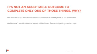 © Patreon 2018
IT’S NOT AN ACCEPTABLE OUTCOME TO
COMPLETE ONLY ONE OF THOSE THINGS. WHY?
Because we don’t want to accomplish our mission at the expense of our teammates.
And we don’t want to create a happy, fulfilled team if we aren’t getting creators paid.
 