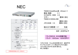 NEC
                              T9400（Core2Duo)系 ２Core×１
                              筐体・電源          ×１
                              ３.5’SATA HDD ×２
                              マザー               筐体に含む
                              T9400 2.53GHz 6M
                                               筐体に含む
                              メモリ4GB ×4        筐体に含む

                              組み立て調整費 ×１    別途
                              ーーーーーーーーーーーーーーー
                                      合計 20万円以下


                               １ラック６KVA ６０台搭載可能
                               １ラック １２０Core １２００万円？

                           １CPU１６GB １Core８GBの割り当て 追加不可
                           チップセットはサーバー用なのでメモリも速い
                           １Core当たりのメモリを多く取れる。
                           何しろ省電力                   22
許可無く配布を禁止します。LXStyle,Inc
 