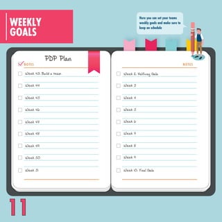 GOALS
WEEKLY
Here you can set your teams
weekly goals and make sure to
keep on schedule
NOTES NOTES
Week 43: Build a team
Week 46
Week 45
Week 44
Week 47
Week 48
Week 49
Week 50
Week 51
Week 2: Halfway Gala
Week 3
Week 4
Week 5
Week 6
Week 7
Week 8
Week 9
Week 10: Final Gala
PDP Plan
11
 