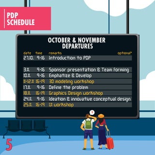 5
OCTOBER & NOVEMBER
DEPARTURES
time
date remarks
9-16 Define the problem
16-19 3D modeling workshop
3.11.
10.11.
11-12.11
16-19 Graphics Design workshop
18.11.
16-19 UI workshop
25.11.
9-16 Ideation & innovative conceptual design
24.11.
17.11.
9-16 Sponsor presentation & Team forming
27.10. 9-16 Introduction to PDP
9-16 Emphatize & Develop
?
SCHEDULE
PDP
optional*
 