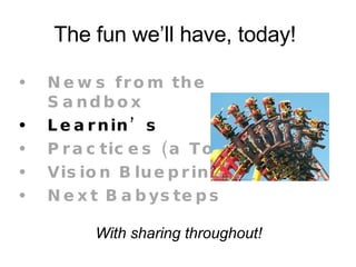 The fun we’ll have, today!  News from the Sandbox Learnin’s Practices (a Toybox) Vision Blueprint Next Babysteps   With sharing throughout! 