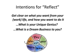 Intentions for “Reflect” Get clear on what you want from your (work) life, and how you want to do it  … What is your Unique Genius?  … What is a Dream Business to you? 