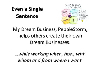 My Dream Business, PebbleStorm, helps others create their own Dream Businesses. … while working when, how, with whom and from where I want. Even a Single Sentence 