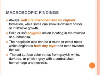 MACROSCOPIC FINDINGS
 Always well circumscribed and no capsule
formation, while some can show ill-defined border
or infiltrative growth.
 Solid or soft polypoid lesion locating in the mucosa
or submucosa.
 The neoplasm also can be a round or ovoid mass
which originates from any layer and even invades
the wall.
 The cut surface color varies from grayish-white,
dark red, or pinkish-grey with a central ulcer,
hemorrhage and necrosis.
 