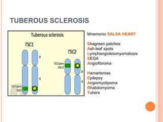 TUBEROUS SCLEROSIS
Mnemonic SALSA HEART
Shagreen patches
Ash-leaf spots
Lymphangioleiomyomatosis
SEGA
Angiofibroma
Hamartomas
Epilepsy
Angiomyolipoma
Rhabdomyoma
Tubers
 