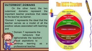 OUTERMOST DOMAINS
On the other hand, the two
outermost domains represent the
important teacher practices that relate
to the teacher as learner.
•Domain 1 represents the ideal that the
teacher serves as a model of all the
positive values associated with learning;
and
• Domain 7 represents the
behaviors that
demonstrate the teachers’
actual aspirations to
continue learning as a
professional teacher.
DOMAIN 4: CURRICULUM
 