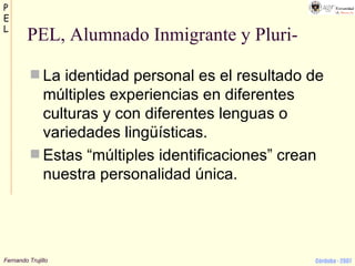 La identidad personal es el resultado de múltiples experiencias en diferentes culturas y con diferentes lenguas o variedades lingüísticas. Estas “múltiples identificaciones” crean nuestra personalidad única. PEL, Alumnado Inmigrante y Pluri- 