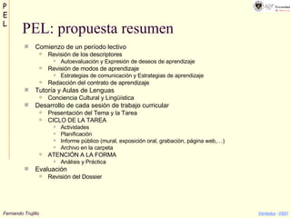 Comienzo de un período lectivo Revisión de los descriptores Autoevaluación y Expresión de deseos de aprendizaje Revisión de modos de aprendizaje Estrategias de comunicación y Estrategias de aprendizaje Redacción del contrato de aprendizaje Tutoría y Aulas de Lenguas Conciencia Cultural y Lingüística Desarrollo de cada sesión de trabajo curricular Presentación del Tema y la Tarea CICLO DE LA TAREA Actividades Planificación Informe público (mural, exposición oral, grabación, página web,…) Archivo en la carpeta ATENCIÓN A LA FORMA Análisis y Práctica Evaluación Revisión del Dossier PEL: propuesta resumen 