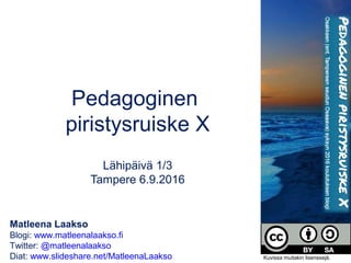Matleena Laakso
Blogi: www.matleenalaakso.fi
Twitter: @matleenalaakso
Diat: www.slideshare.net/MatleenaLaakso
Pedagoginen
piristysruiske X
Lähipäivä 1/3
Tampere 6.9.2016
Kuvissa muitakin lisenssejä.
 