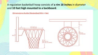 A regulation basketball hoop consists of a rim 18 inches in diameter
and 10 feet high mounted to a backboard.
 