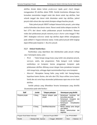 Rencana Pengelolaan Proyek Pembangunan Sistem Informasi Rumah Sakit Terpadu
Program Studi Sistem Informasi Rencana Proyek SIRST No. PP-06 SIRST
Pemilik Disetujui Oleh : Sponsor Tanggal : 08/02/2007 Versi Halaman 13
aktifitas dicatat dalam kolom predecessor (pada gantt chart) dengan
menggunakan ID aktifitas dalam WBS. Setelah keterkaitan dibangun baru
kemudian menentukan tanggal mulai dan durasi untuk tiap aktifitas. Saat
seluruh tanggal dan durasi telah ditentukan untuk tiap aktifitas, jadwal
proyek telah selesai dan siap untuk disimpan sebagai baseline proyek.
Pada jadwal proyek SIRST terdapat lintasan kritis proyek, yaitu tahap
analisa kebutuhan dan desain sistem. Durasi untuk kedua tahapan tersebut 36
hari (57% dari durasi waktu pelaksanaan proyek keseluruhan). Batasan
waktu dari pelaksanaan proyek menurut project charter yaitu tanggal 5 Mei
2007. Sedangkan milestone untuk tiap aktifitas dapat dilihat selengkapnya
pada subbab 4.1 bagian milestone utama. Untuk jadwal proyek lebih lengkap
dapat dilihat pada lampiran 1. Baseline proyek
3.2.3 Alokasi Sumberdaya
Sumberdaya yang diperlukan dan dialokasikan pada proyek terbagi
atas 2 kelompok utama, yaitu :
- Work : Yakni berupa tenaga kerja yang terdiri atas pimpinan proyek,
surveyor, analis, dan programmer. Pada kategori work terdapat
sumberdaya set komputer karena penggunaan komputer pada
pelaksanaan aktifitas dihitung sesuai dengan lama pemakaian komputer
oleh tenaga kerja, sehingga dapat meminimalkan biaya sewa komputer.
- Material : Merupakan barang habis yang terdiri dari barang-barang
keperluan kantor (kertas, alat tulis dan CD), biaya utilitas (sewa kantor,
listrik dan air) serta biaya akomodasi pelaksanaan rapat atau review hasil
aktifitas.
Jumlah pekerja yang dibutuhkan beserta kemampuan yang dimiliki
dicantumkan pada tabel berikut :
Staff Jumlah Tahapan pekerjaan Kemampuan yang dimiliki
Pimpinan proyek 1 Orang Seluruh tahapan pada
proyek.
- Kemampuan koordinasi dan
komunikasi yang baik
- Kemampuan manajerial dan
manajemen proyek IT.
- Kemampuan menyelesaikan
masalah
Surveyor 4 Orang Identifikasi kebutuhan - Mampu bekerja sama dengan
user aplikasi
- Mampu berkomunikasi dan
negosiasi
 