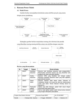 Rencana Pengelolaan Proyek Pembangunan Sistem Informasi Rumah Sakit Terpadu
Program Studi Sistem Informasi Rencana Proyek SIRST No. PP-06 SIRST
Pemilik Disetujui Oleh : Sponsor Tanggal : 08/02/2007 Versi Halaman 26
4. Rencana Proses Teknis
4.1 Model Proses
Gambar berikut menunjukkan keterkaitan antara aktifitas proyek yang utama
dengan proses pendukung.
Sedangkan gambar berikut menjelaskan tentang alur informasi dan produk
yang dihasilkan masing-masing aktifitas antara satu aktifitas dengan yang lain.
Review yang direncanakan
No. Tanggal Tahapan Review terhadap
1. 9/02/07 Identifikasi
kebutuhan
Dokumen hasil identifikasi kebutuhan pada pengguna/klien.
Menyimpulkan sementara layanan apa yang dibutuhkan oleh
pengguna dari sistem yang akan dibangun.
2. 8/03/07 Analisa
kebutuhan
Dokumen SKPL yang dihasilkan dari tahapan analisa.
Menyetujui spesifikasi kebutuhan sistem yang telah dijelaskan
pada dokumen tersebut.
3. 3/04/07 Desain
sistem
Dokumen deskripsi detail desain sistem. Dokumen ini
menjelaskan dengan rinci proses dan data dari masing-masing
proses pada sistem. Review dilakukan terhadap seluruh isi
dokumen ini.
4. 19/04/07 Pembuatan
aplikasi
Aplikasi yang telah dibangun, apakah telah sesuai dengan
perencanaan pada desain sistem.
5. 2/05/07 Uji coba
aplikasi
Hasil uji coba aplikasi apakah sudah memuat semua skenario
yang mungkin diterapakan pada aplikasi.
 