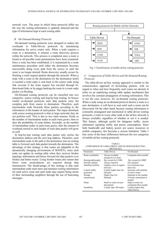 network view. The areas in which these protocols differ are
the way the routing information is updated, detected and the
type of information kept at each routing table.
B. On-Demand Routing Protocols
On-demand routing protocols were designed to reduce the
overheads in Table-Driven protocols by maintaining
information for active routes only. When a node requires a
route to a destination, it initiates a route discovery process
within the network. This process is completed once a route is
found or all possible route permutations have been examined.
Once a route has been established, it is maintained by a route
maintenance procedure until either the destination becomes
inaccessible along every path from the source or until the
route is no longer desired. Route discovery usually occurs by
flooding a route request packets through the network. When a
node with a route to the destination (or the destination itself)
is reached a route reply is sent back to the source node using
link reversal if the route request has traveled through bi-
directional links or by piggy-backing the route in a route reply
packet via flooding.
On-Demand routing protocols can be classified into two
categories: source routing and hop-by-hop routing. In Source
routed on-demand protocols each data packets carry the
complete path from source to destination. Therefore, each
intermediate node forwards these packets according to the
information in the header of each packet. The major drawback
with source routing protocols is that in large networks they do
not perform well. This is due to two main reasons; firstly as
the number of intermediate nodes in each route grows, then so
does the probability of route failure. Secondly, as the number
of intermediate nodes in each route grows, then the amount of
overhead carried in each header of each data packet will grow
as well.
In hop-by-hop routing each data packet only carries the
destination address and the next hop address. Therefore, each
intermediate node in the path to the destination uses its routing
table to forward each data packet towards the destination. The
advantage of this strategy is that routes are adaptable to the
dynamically changing environment of MANETs, since each
node can update its routing table when they receiver fresher
topology information and hence forward the data packets over
fresher and better routes. Using fresher routes also means that
fewer route recalculations are required during data
transmission. The disadvantage of this strategy is that each
intermediate node must store and maintain routing information
for each active route and each node may require being aware
of their surrounding neighbors through the use of beaconing
messages.
Fig. 1 Classifications of mobile ad hoc routing protocols.
C. Comparison of Table-Driven and On-Demand Routing
Protocols
The table-driven ad hoc routing approach is similar to the
connectionless approach of forwarding packets, with no
regard to when and how frequently such routes are desired. It
relies on an underlying routing table update mechanism that
involves the constant propagation of routing information. This
is not the case, however, for on-demand routing protocols.
When a node using an on-demand protocol desires a route to a
new destination, it will have to wait until such a route can be
discovered. On the other hand, because routing information is
constantly propagated and maintained in table-driven routing
protocols, a route to every other node in the ad hoc network is
always available, regardless of whether or not it is needed.
This feature, although useful for datagram traffic, incurs
substantial signaling traffic and power consumption. Since
both bandwidth and battery power are scarce resources in
mobile computers, this becomes a serious limitation. Table 1
lists some of the basic differences between the two categories
of mobile ad hoc routing protocols.
TABLE I
COMPARISON OF TABLE-DRIVE AND ON-DEMAND ROUTING
PROTOCOLS
Parameters Table-Driven On-Demand
Route availability Always available
irrespective of need
Computed when needed
Routing philosophy flat, except for CGSR flat, except for CBRP
Periodic updates Always required Not required
Handling mobility Updates occur at regular
intervals
Use localized route
discovery
Control traffic
generated
Usually higher than On-
Demand
Increases with mobility
of active routes
Storage
requirements
Higher than On-
Demand
Depends on the number
of routes maintained or
needed
Delay Small as routes are pre-
determined
High as routes are
computed when needed
Scalability Usually upto 100 nodes Usually higher than
Table-Driven
Routing protocols for Mobile Ad Hoc Networks
Table-Driven On-Demand
DSDV
WRP
CGSR
STAR
AODV
DSR
TORA
ARB
INTERNATIONAL JOURNAL OF INFORMATION TECHNOLOGY VOLUME 4 NUMBER 2 2007 ISSN 1305-2403
IJIT VOLUME 4 NUMBER 2 2007 ISSN 1305-2403 102 © 2007 WASET.ORG
 