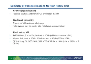 Summary of Possible Reasons for High Ready Time

         CPU overcommitment
•        Possible solution: add more CPUs or VMotion the VM


         Workload variability
•        A bunch of VMs wake up all at once
•        Note: system may be mostly idle: not always overcommitted


         Limit set on VM
•        4x2GHz host, 2 vcpu VM, limit set to 1GHz (VM can consume 1GHz)
•        Without limit, max is 2GHz. With limit, max is 1GHz (50% of 2GHz)
•        CPU all busy: %USED: 50%; %MLMTD & %RDY = 150% [total is 200%, or 2
         CPUs]




         Copyright © 2010 VMware, Inc. All rights reserved. This product is protected by U.S. and international copyright and intellectual property laws. VMware
    16   products are covered by one or more patents listed at http://www.vmware.com/go/patents. VMware is a registered trademark or trademark of VMware, Inc. in
         the United States and/or other jurisdictions. All other marks and names mentioned herein may be trademarks of their respective companies.
 