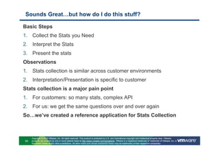 Sounds Great…but how do I do this stuff?

Basic Steps
1. Collect the Stats you Need
2. Interpret the Stats
3. Present the stats
Observations
1. Stats collection is similar across customer environments
2. Interpretation/Presentation is specific to customer
Stats collection is a major pain point
1. For customers: so many stats, complex API
2. For us: we get the same questions over and over again
So…we’ve created a reference application for Stats Collection



     Copyright © 2010 VMware, Inc. All rights reserved. This product is protected by U.S. and international copyright and intellectual property laws. VMware
55   products are covered by one or more patents listed at http://www.vmware.com/go/patents. VMware is a registered trademark or trademark of VMware, Inc. in
     the United States and/or other jurisdictions. All other marks and names mentioned herein may be trademarks of their respective companies.
 