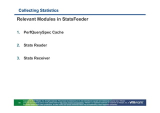 Collecting Statistics

Relevant Modules in StatsFeeder

1. PerfQuerySpec Cache


2. Stats Reader


3. Stats Receiver




     Copyright © 2010 VMware, Inc. All rights reserved. This product is protected by U.S. and international copyright and intellectual property laws. VMware
78   products are covered by one or more patents listed at http://www.vmware.com/go/patents. VMware is a registered trademark or trademark of VMware, Inc. in
     the United States and/or other jurisdictions. All other marks and names mentioned herein may be trademarks of their respective companies.
 