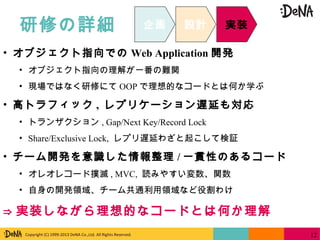 Copyright (C) 1999-2013 DeNA Co.,Ltd. All Rights Reserved.
研修の詳細
12
• オブジェクト指向での Web Application 開発
• オブジェクト指向の理解が一番の難関
• 現場ではなく研修にて OOP で理想的なコードとは何か学ぶ
• 高トラフィック , レプリケーション遅延も対応
• トランザクション , Gap/Next Key/Record Lock
• Share/Exclusive Lock, レプリ遅延わざと起こして検証
• チーム開発を意識した情報整理 / 一貫性のあるコード
• オレオレコード撲滅 , MVC, 読みやすい変数、関数
• 自身の開発領域、チーム共通利用領域など役割わけ
⇒ 実装しながら理想的なコードとは何か理解
企画 設計 実装
 